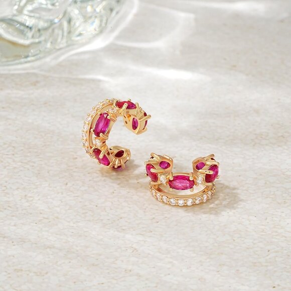 14K Gold Plated Red Zircon Diamond Turquoise Cuffs Non Piercing Earrings - Picture 5 of 7